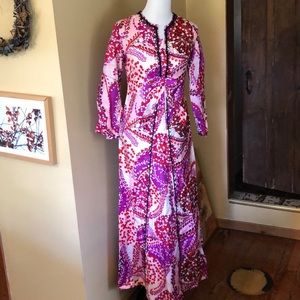 VINTAGE ‘60 Silk Handmade Beaded Floral Maxi Dress Pink Swirls HIPPY GROOVY
